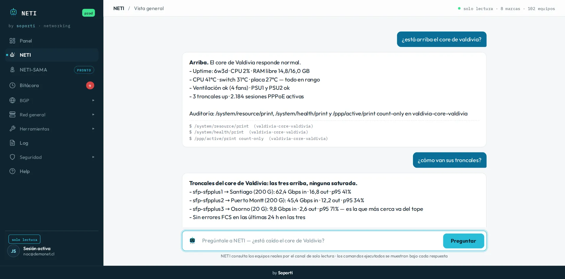 Chat de Neti: a «¿está arriba el core de valdivia?» responde «Arriba», con uptime, CPU, temperatura y sesiones PPPoE, y debajo los comandos de solo lectura que ejecutó; a «¿cómo van sus troncales?» detalla cada troncal con su tráfico y su p95.